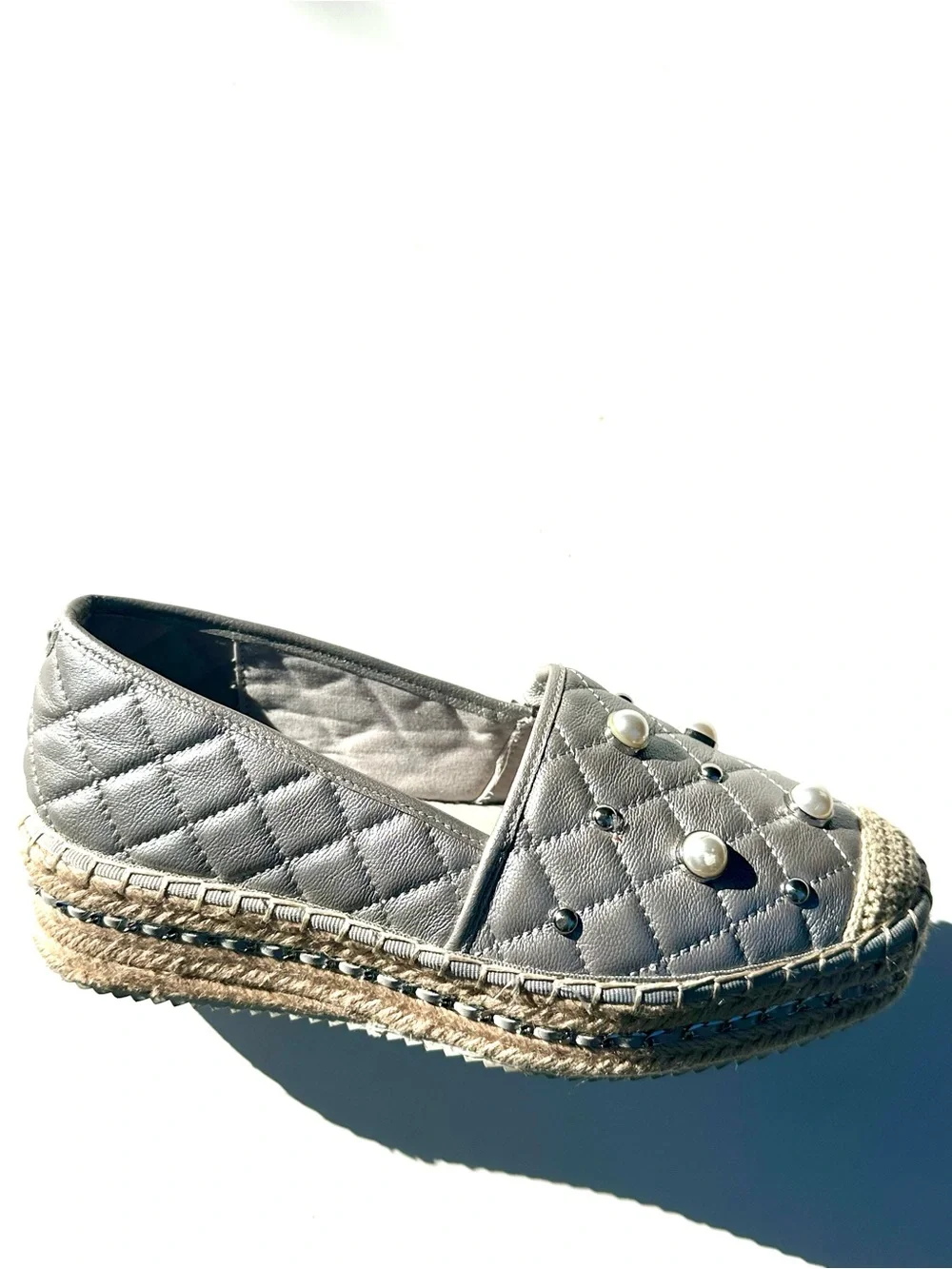Karl Lagerfeld Desta Quilted Pearl-Accent Silver Espadrille Slip-On, 37, 6.5